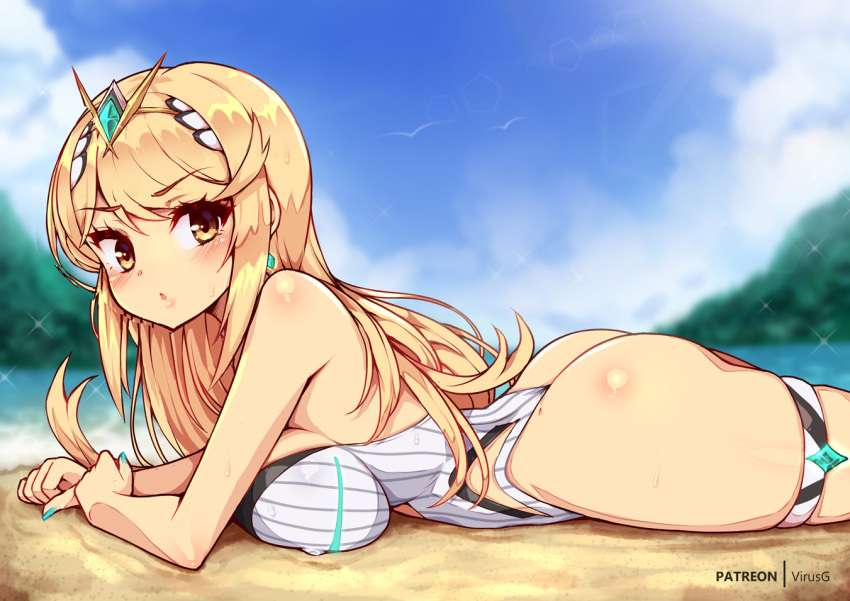 :o, ass, blonde_hair, blush, breast_press, breasts, covered_nipples, cowboy_shot