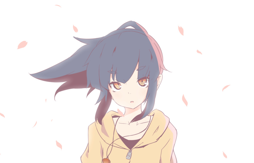 1girl, akari_(raigou), bangs, black_hair, black_shirt, cherry_blossoms, commentary_request, eyebrows_visible_through_hair