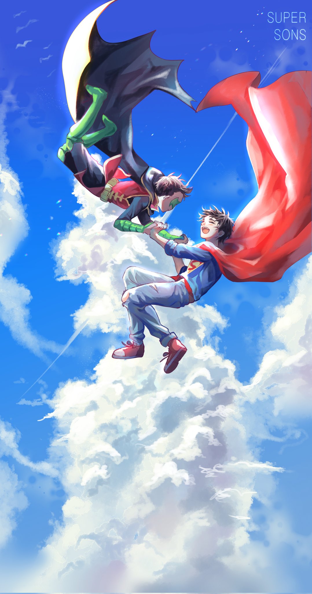 2boys, black_cape, black_hair, black_pants, blue_shirt, blush, boots, cape