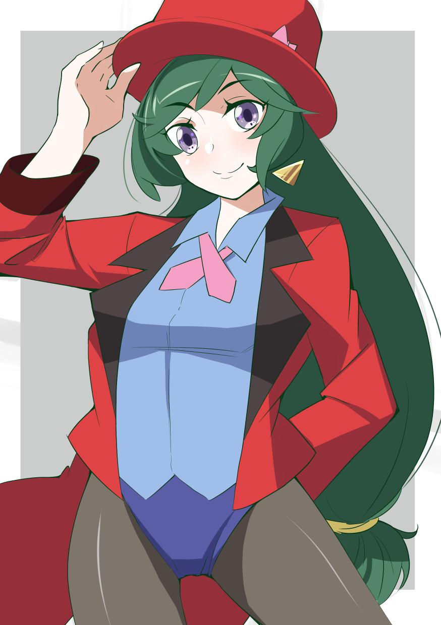 1girl, black_legwear, blue_leotard, breasts, closed_mouth, earrings, formal, francesca_(pokemon), green_hair, hat, highres, jacket, jewelry, leotard, long_hair, looking_at_viewer, magician, nozumu, pantyhose, pokemon, pokemon_(anime), pokemon_dppt_(anime), smile, solo, suit, top_hat