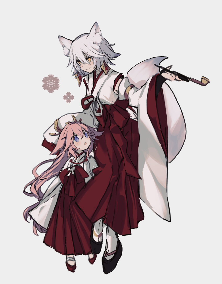 1225ka, 2girls, :o, animal_ear_fluff, animal_ears, child, closed_mouth, detached_sleeves, earrings, fox_ears, fox_girl, fox_tail, genshin_impact, hakama, hakama_skirt, highres, holding, holding_pipe, japanese_clothes, jewelry, kimono, kiseru, kitsune_saiguu, long_hair, long_sleeves, looking_to_the_side, multiple_girls, okobo, pink_hair, pipe, red_hakama, red_skirt, short_hair, skirt, smile, tabi, tail, violet_eyes, white_hair, white_kimono, white_legwear, wide_sleeves, yae_miko, yellow_eyes, younger