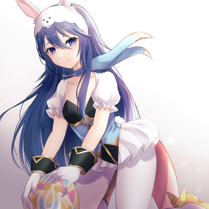 1girl, animal_ears, bangs, blue_eyes, blue_hair, choker, easter_egg, egg, fake_animal_ears, fake_tail, fire_emblem, fire_emblem_awakening, fire_emblem_heroes, gloves, hair_between_eyes, highres, long_hair, looking_at_viewer, lucina_(fire_emblem), lucina_(spring)_(fire_emblem), official_alternate_costume, pantyhose, playboy_bunny, rabbit_ears, rabbit_tail, reia_hana, short_sleeves, signature, simple_background, smile, solo, symbol-shaped_pupils, symbol_in_eye, tail, white_gloves, white_legwear