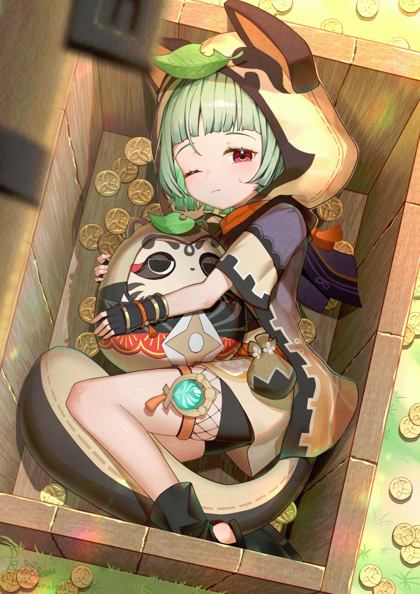 1girl, animal_ears, animal_hood, black_footwear, black_gloves, black_scarf, coin, daruma_doll