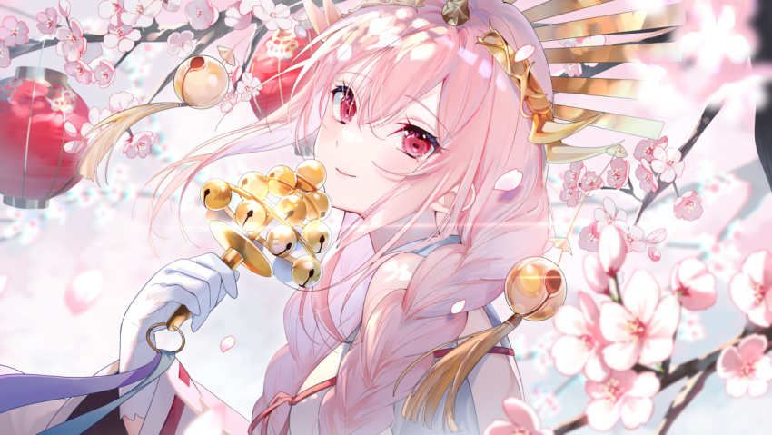 alchemy_stars, bare_shoulders, bell, blurry, braid, branch, breasts, cherry_blossoms