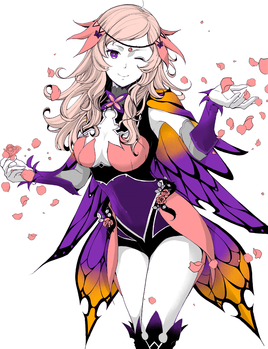 1girl, 20x30x30, ahoge, armpits, asymmetrical_bangs, bangs, bodystocking, breast_cutout, breasts, bridal_gauntlets, cape, circlet, covered_navel, fire_emblem, fire_emblem_fates, fire_emblem_heroes, kneehighs, long_hair, looking_at_viewer, medium_breasts, official_alternate_costume, one_eye_closed, ophelia_(fire_emblem), pantyhose, petals, pink_hair, rose_petals, thighs, turtleneck, upper_body, violet_eyes