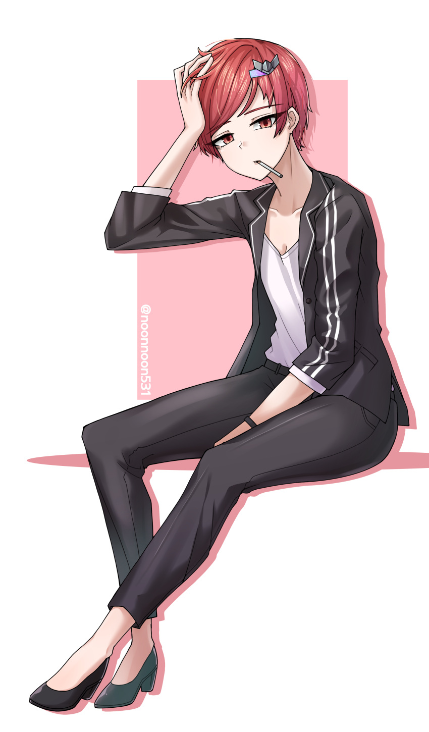 1girl, absurdres, alternate_hairstyle, androgynous, cigarette, commission, full_body, hair_ornament, hairclip, high_heels, highres, last_origin, night_angel_(last_origin), noonnoon531, red_eyes, redhead, reverse_trap, short_hair, simple_background, solo, twitter_username, very_short_hair, white_background