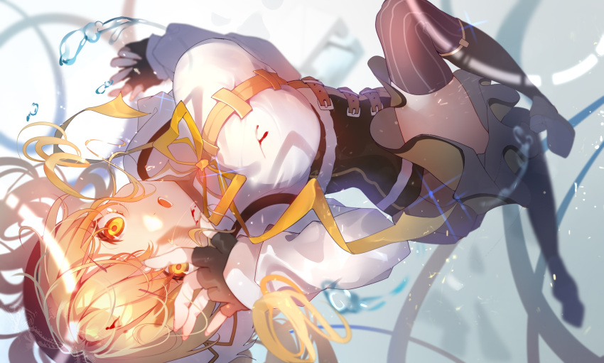 1girl, air_bubble, black_footwear, black_gloves, black_headwear, blonde_hair, blood, blood_on_face