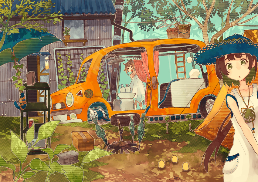 2girls, absurdres, bangs, bird, box, brown_hair, building, cactus
