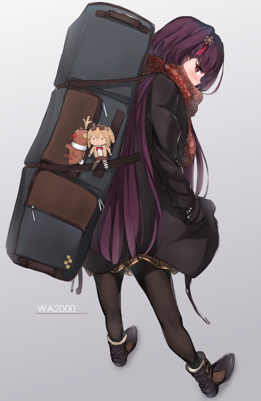 1girl, bangs, black_coat, black_footwear, black_legwear, blush, boots, bullpup