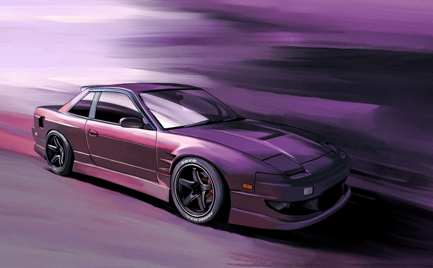 absurdres, bokuya, car, commission, from_side, ground_vehicle, highres, motor_vehicle, nissan, nissan_s13_silvia, no_humans, original, rear-view_mirror, shadow, solo, vehicle_focus