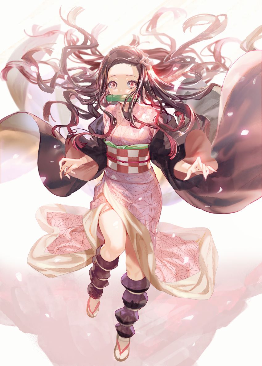 1girl, absurdres, asa_no_ha_(pattern), bamboo, bit_gag, black_hair, breasts, checkered_obi
