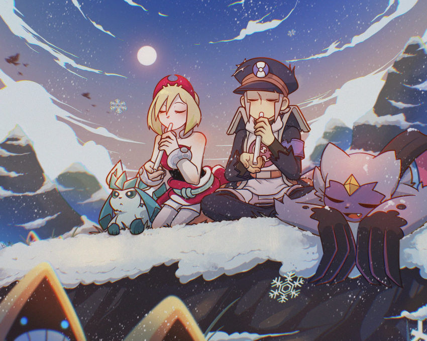 1boy, 1girl, armband, bare_shoulders, black_jacket, blonde_hair, bracelet, closed_eyes