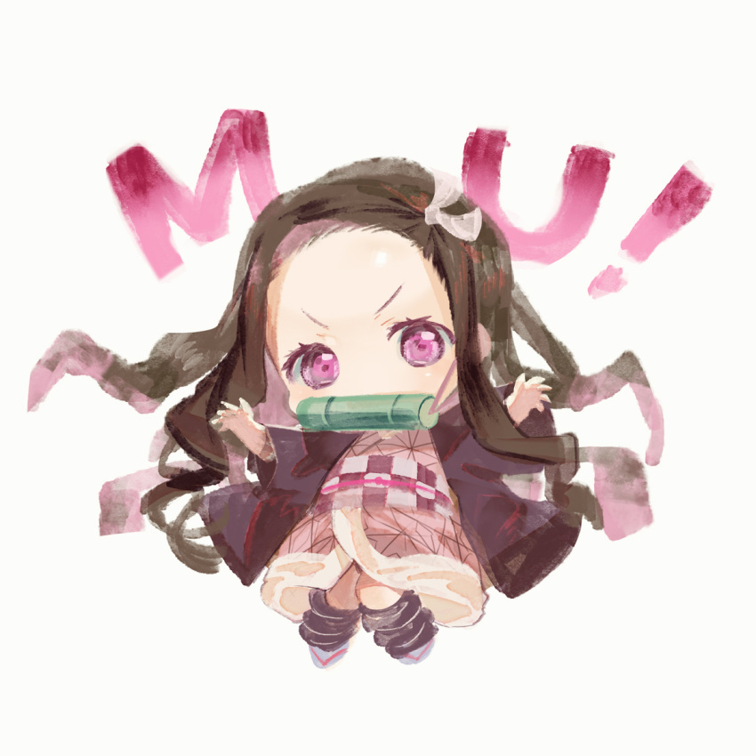 1girl, bamboo, bit_gag, black_coat, black_hair, checkered_obi, chibi, claw_pose