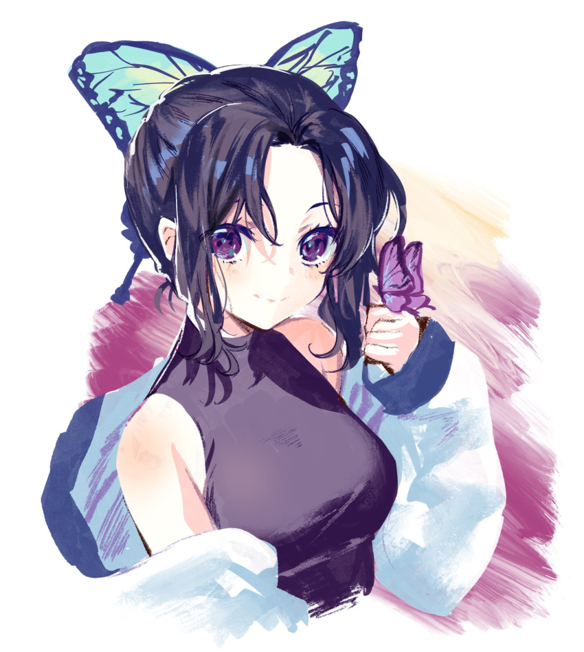 1girl, black_hair, breasts, bug, butterfly, butterfly_hair_ornament, butterfly_on_hand, contemporary