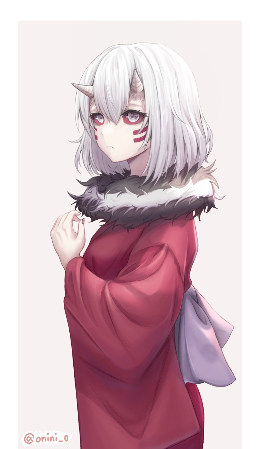1girl, bob_cut, breasts, colored_sclera, cowboy_shot, facial_mark, from_side, frown