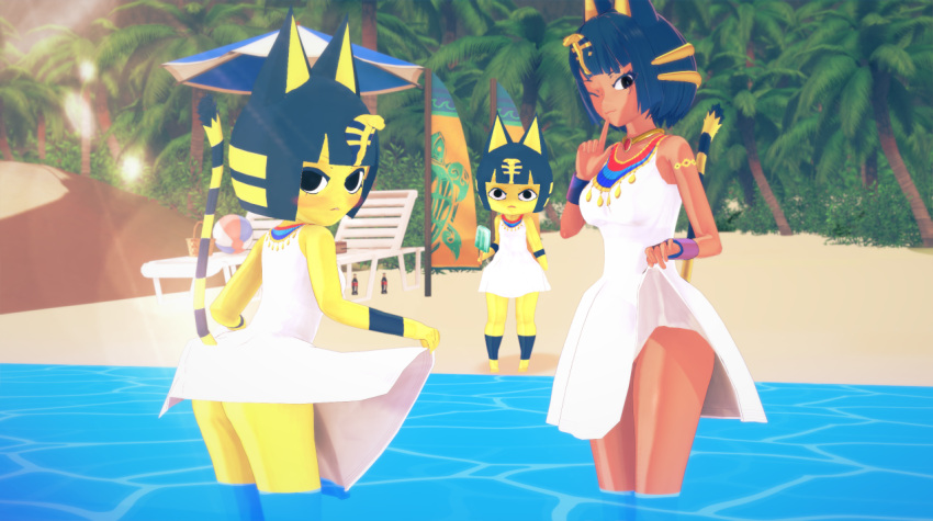 1girl, 3d, animal_crossing, animal_ears, ankha_(animal_crossing), bangs, beach, black_eyes