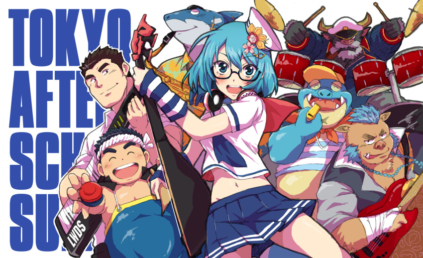 1girl, 6+boys, ahab_(housamo), animal_ears, aqua_hair, beads, belly, benten_(housamo)