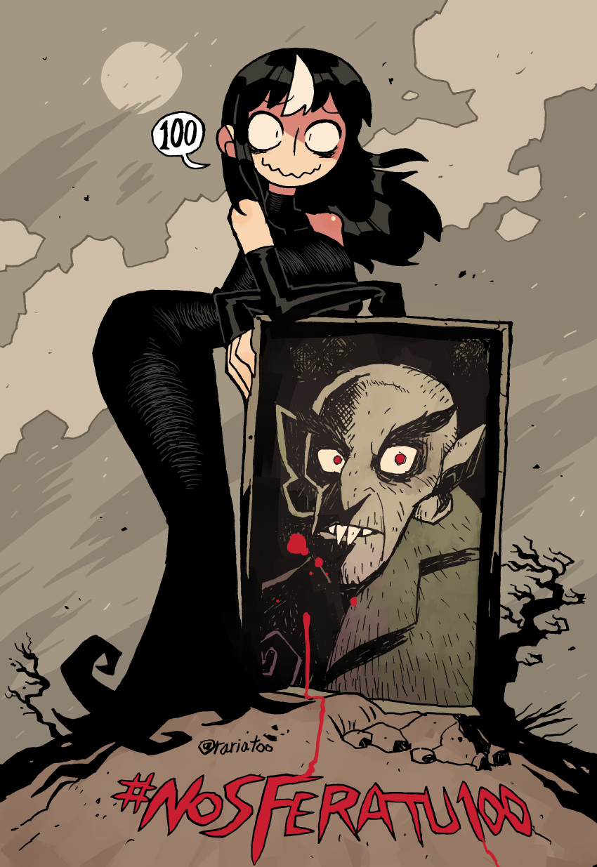 1girl, absurdres, anniversary, bent_over, black_gloves, black_hair, blood, blood_splatter