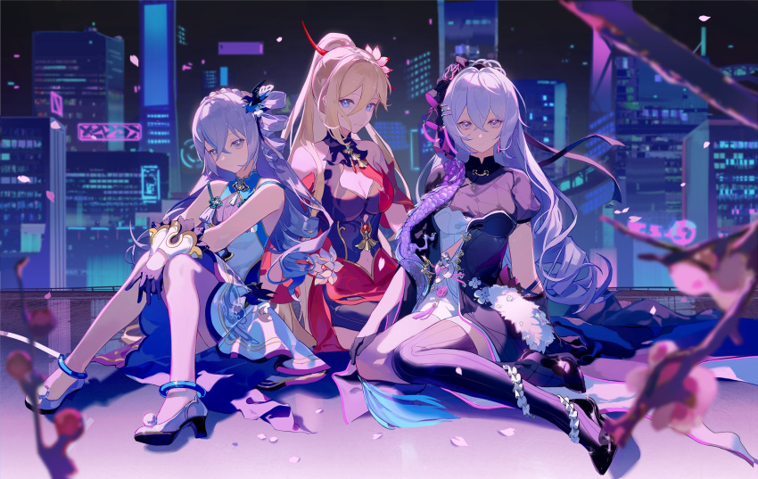 3girls, anklet, bangs, bare_shoulders, bianka_durandal_ataegina, bianka_durandal_ataegina_(dea_anchora), black_footwear, black_legwear, blonde_hair, blue_eyes, blurry, blurry_background, breasts, building, character_request, closed_mouth, crossed_bangs, dress, earrings, flower, gloves, hair_between_eyes, hair_flower, hair_ornament, half_gloves, high_heels, high_ponytail, highres, honkai_(series), honkai_impact_3rd, jewelry, large_breasts, light_purple_hair, lirseven, long_hair, looking_at_viewer, multicolored_clothes, multicolored_dress, multiple_girls, petals, purple_hair, red_dress, sitting, skirt, thigh-highs, violet_eyes, wrist_cuffs
