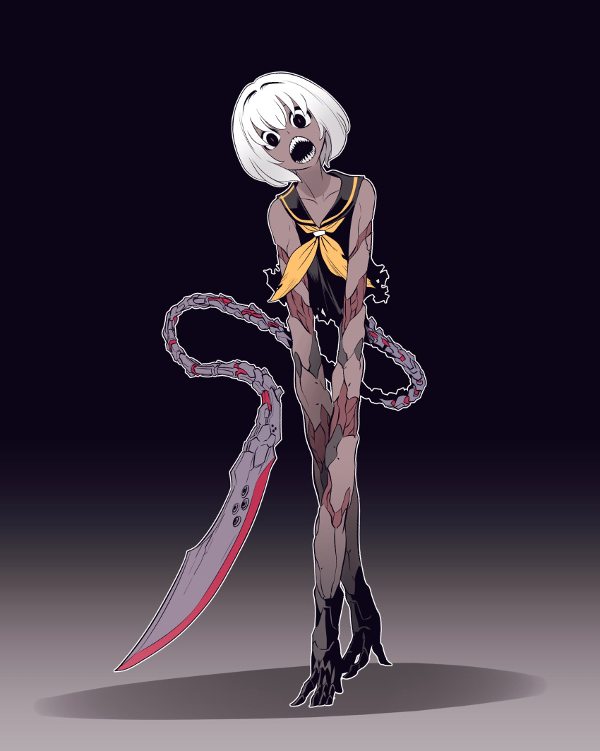 1girl, absurdres, blade, cyborg, dark_background, empty_eyes, highres, ishiyumi