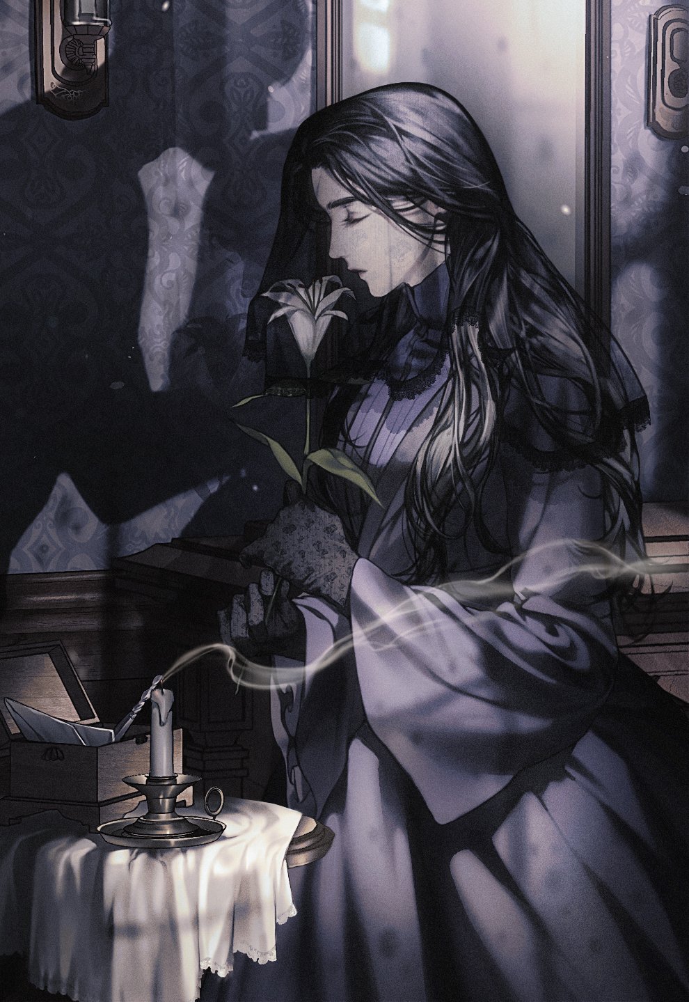 1508_1508, 1girl, black_gloves, black_hair, box, candle, candlestand, closed_eyes, cover, cover_page, cowboy_shot, different_shadow, dress, envelope, flower, formal, gloves, head_kiss, highres, holding, holding_flower, indoors, lace, lace_gloves, lily_(flower), long_hair, long_sleeves, mirror, night, original, profile, purple_dress, see-through, smelling_flower, smoke, solo, standing, table, tablecloth, veil, wallpaper_(object), white_flower, wide_sleeves, window_shade