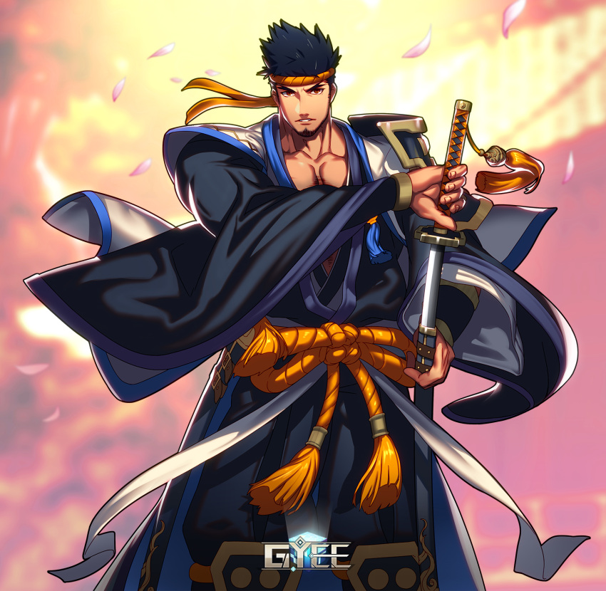 beard, belt, black_hair, blurry, blurry_background, facial_hair, gauntlets, gyee