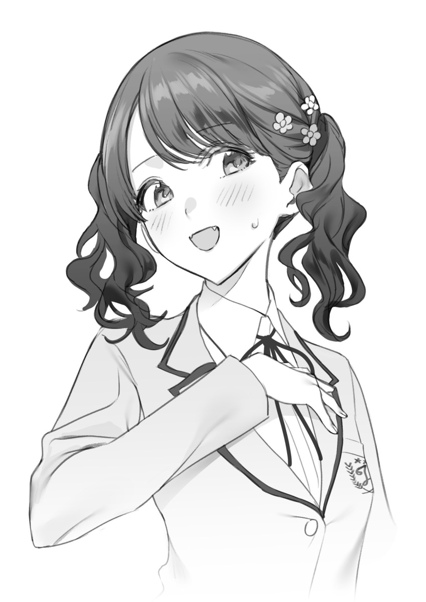 1girl, blazer, blush, commentary_request, fangs, flower, fukumaru_koito, greyscale