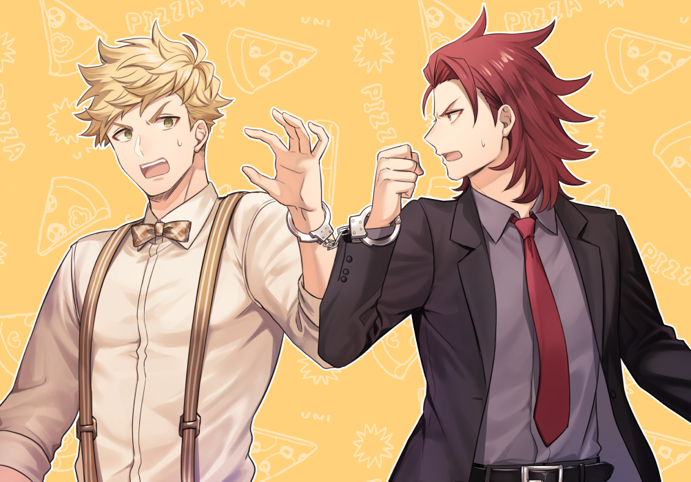 2boys, bangs, belt, black_belt, black_jacket, blonde_hair, bow, bowtie
