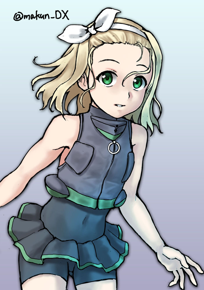 1girl, blonde_hair, bodysuit, flat_chest, gradient, gradient_background, green_eyes, grey_background