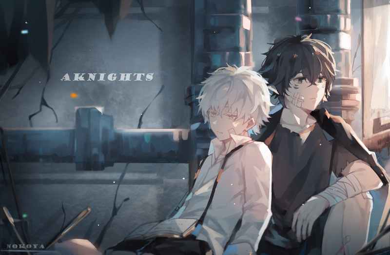 2boys, arknights, bandaged_arm, bandages, bandaid, bandaid_on_face, bishounen, black_hair