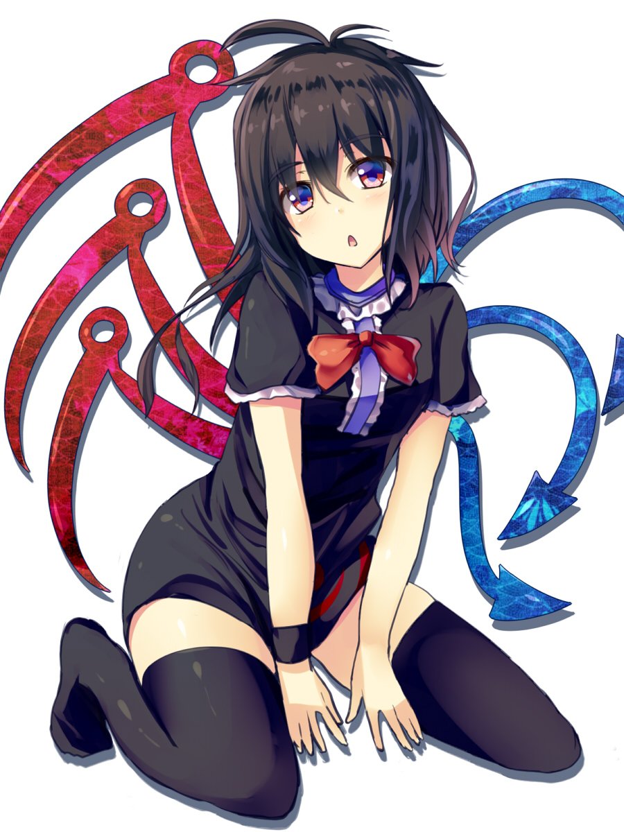 1girl, asymmetrical_wings, bangs, black_dress, black_hair, black_legwear, blue_wings, bow