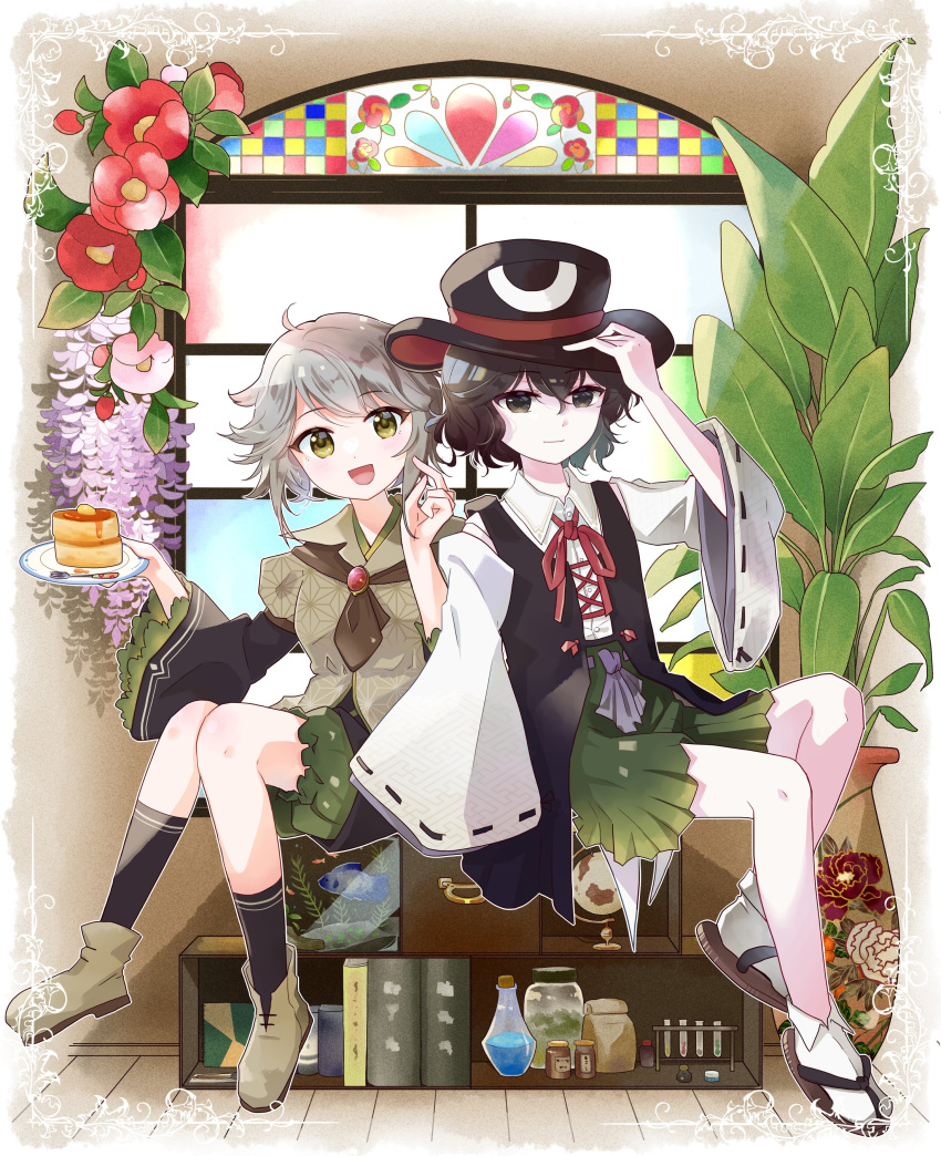 2others, absurdres, androgynous, bare_shoulders, black_eyes, black_hair, brown_coat, coat