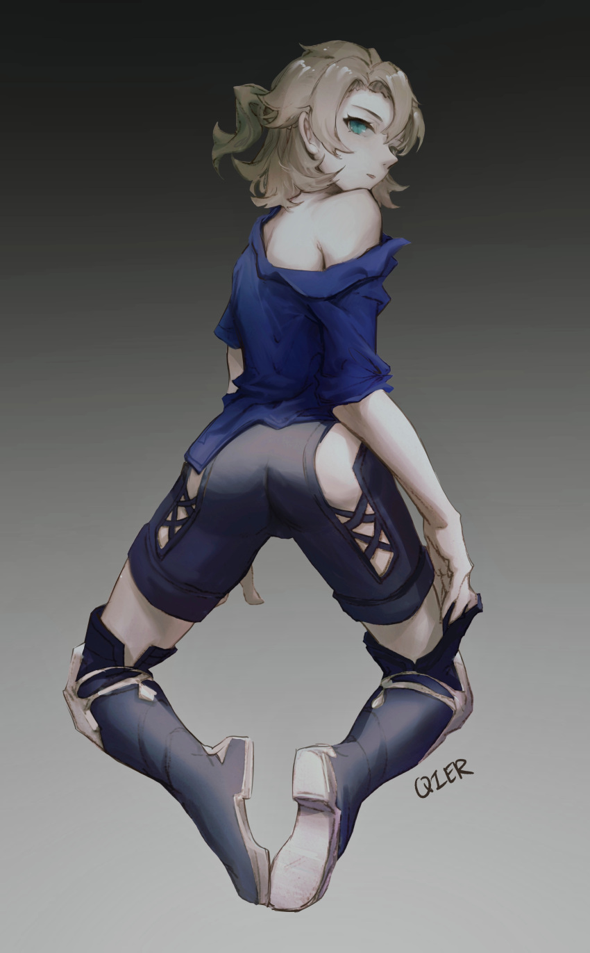 1boy, absurdres, albedo_(genshin_impact), androgynous, ass_cutout, bent_over, blonde_hair, blue_shirt