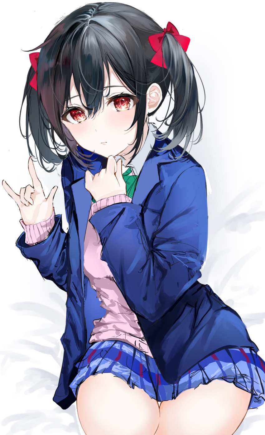 1girl, bangs, black_hair, blue_jacket, blue_skirt, bow, bowtie, closed_mouth, green_bow, green_bowtie, hair_between_eyes, hair_bow, hair_intakes, highres, jacket, kneeling, long_hair, long_sleeves, love_live!, love_live!_sunshine!!, miniskirt, nico_nico_nii, nikumega, open_clothes, open_jacket, otonokizaka_school_uniform, pink_sweater, plaid, plaid_skirt, pleated_skirt, red_bow, red_eyes, school_uniform, shiny, shiny_hair, skirt, solo, sweater, thigh_gap, twintails, yazawa_nico