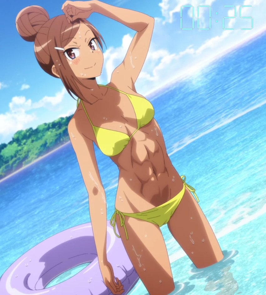 1girl, abs, artist_request, beach, bikini, blush, breasts, brown_eyes