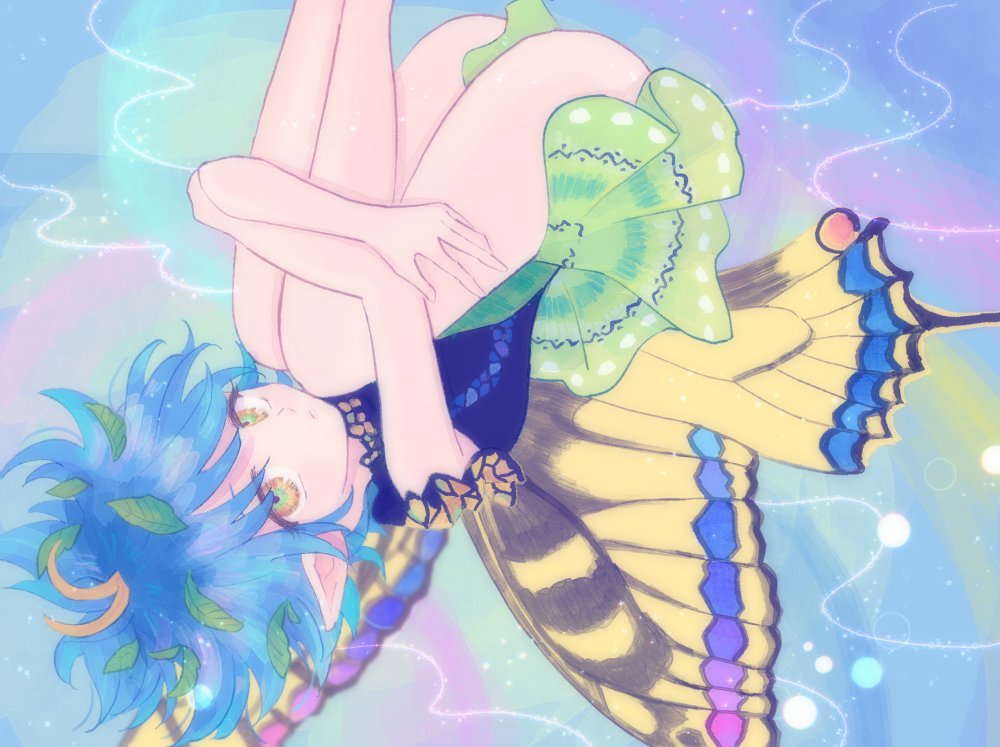 1girl, androgynous, antennae, bangs, bare_arms, bare_legs, barefoot, blue_hair