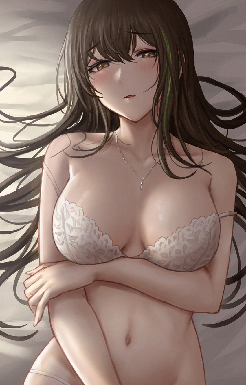 1girl, black_hair, bra, breasts, brown_eyes, collarbone, girls_frontline, green_hair