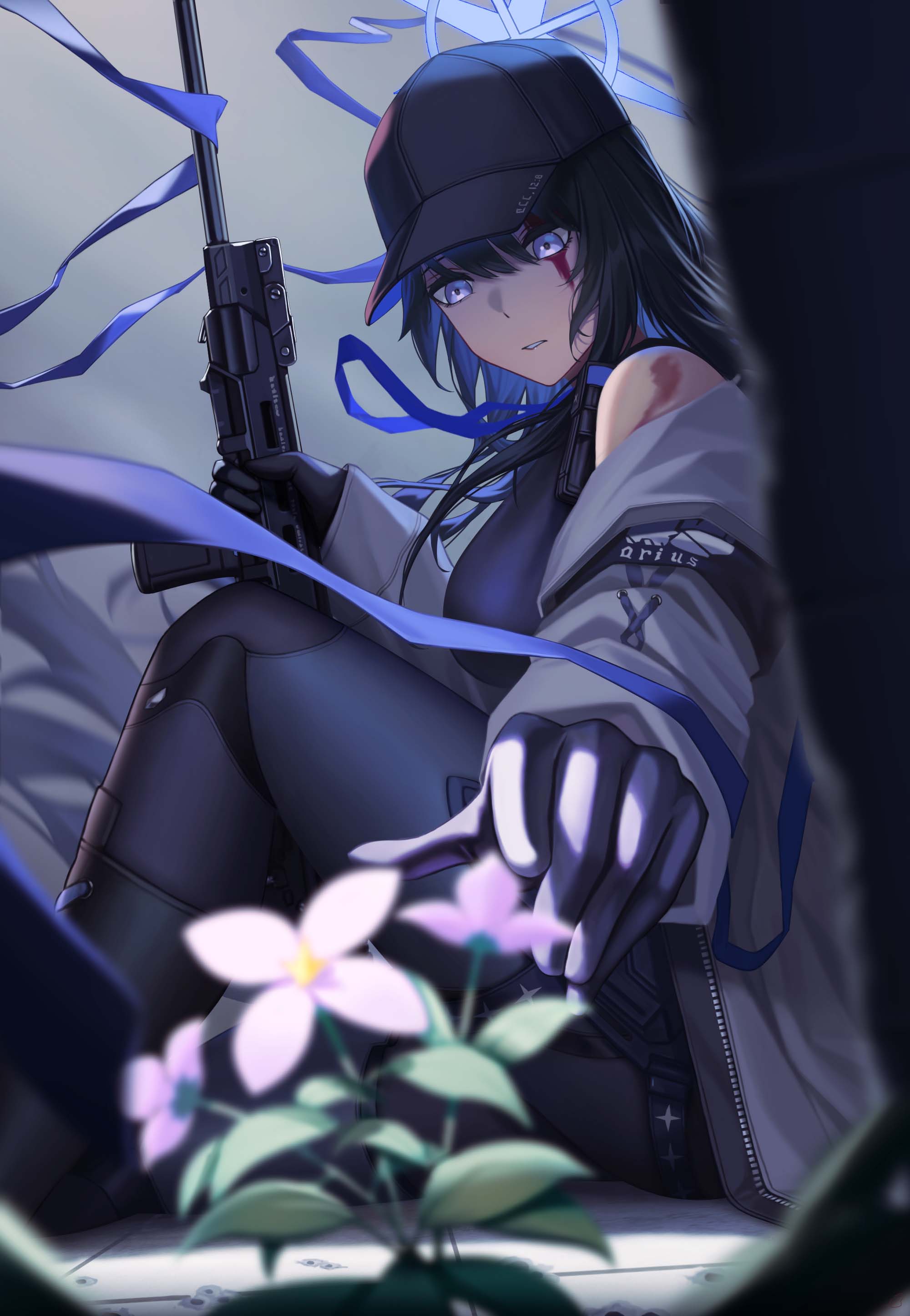 1girl, 3v_ju, absurdres, against_wall, armband, assault_rifle, black_gloves, black_hair, black_pants, black_shirt, blood, blood_on_face, blue_archive, blue_eyes, blue_hair, blue_ribbon, blurry, blurry_foreground, clouds, cloudy_sky, colored_inner_hair, flower, gloves, gun, highres, holding, holding_gun, holding_weapon, holster, jacket, knee_up, long_hair, looking_down, multicolored_hair, open_clothes, open_jacket, outdoors, outstretched_arm, pants, parted_lips, purple_flower, reaching, ribbon, rifle, saori_(blue_archive), shirt, sig_516, sitting, sky, solo, weapon, white_jacket, wind