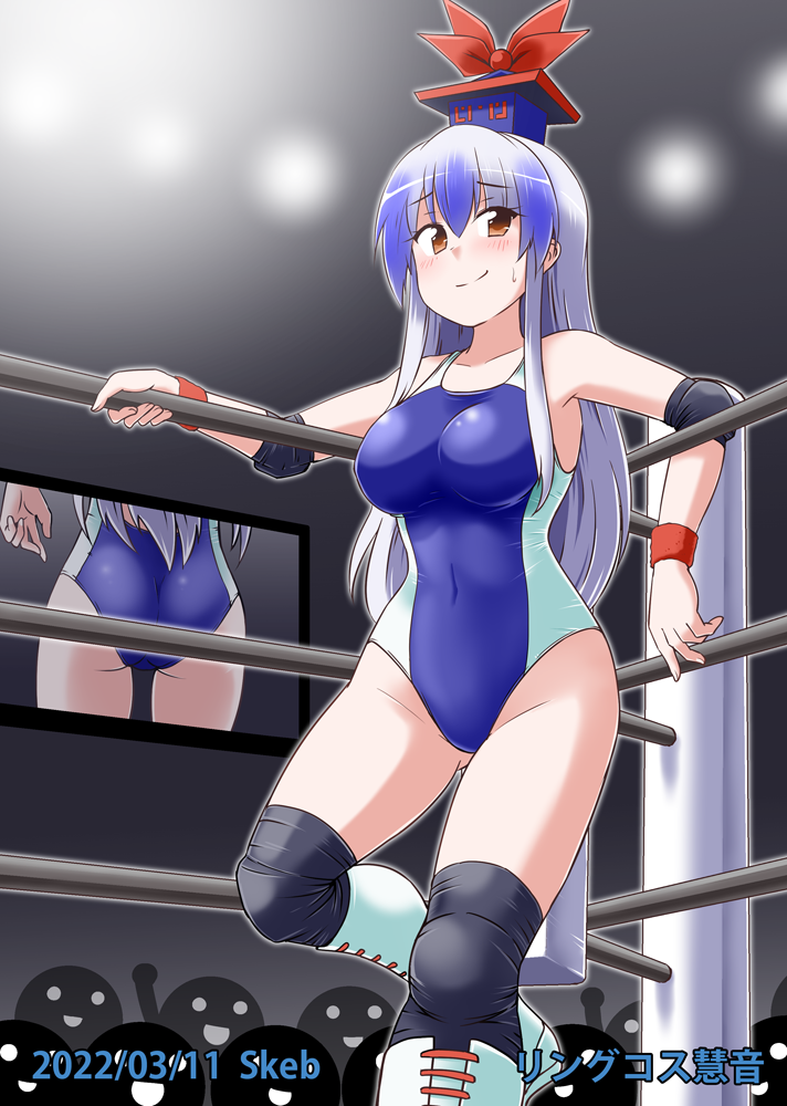 1girl, alternate_costume, ass, bangs, black_legwear, blue_hair, blue_headwear, blue_leotard