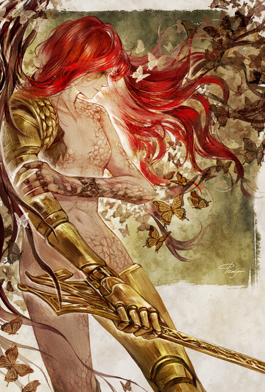 1girl, artist_name, bug, butterfly, commentary, elden_ring, english_commentary, feet_out_of_frame, from_side, hand_on_own_arm, highres, holding, holding_weapon, long_hair, malenia_blade_of_miquella, malenia_goddess_of_rot, nude, pearjarrr, profile, prosthesis, prosthetic_arm, prosthetic_leg, redhead, scar, signature, solo, standing, weapon
