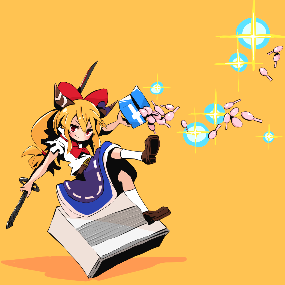 1girl, ascot, bangs, belt, blonde_hair, blue_skirt, blush, bow