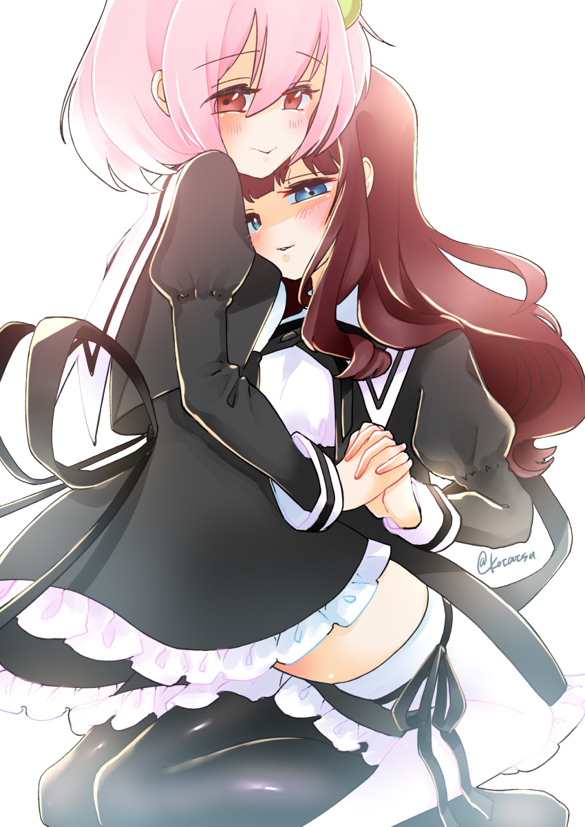 2girls, :>, assault_lily, bangs, black_legwear, black_ribbon, black_skirt, blue_eyes, blunt_bangs, blush, breasts, brown_hair, closed_mouth, commentary_request, cropped_jacket, eyebrows_visible_through_hair, feet_out_of_frame, frilled_skirt, frills, girl_on_top, hair_between_eyes, hair_ornament, heads_together, high-waist_skirt, highres, hitotsuyanagi_riri, holding_hands, interlocked_fingers, jardim_(saruboid), juliet_sleeves, kaede_johan_nouvel, leg_ribbon, long_hair, long_sleeves, looking_at_viewer, looking_to_the_side, miniskirt, multiple_girls, pantyhose, parted_lips, pink_hair, puffy_sleeves, red_eyes, ribbon, school_uniform, seiza, shiny, shiny_hair, shirt, short_hair, simple_background, sitting, sitting_on_lap, sitting_on_person, skirt, small_breasts, smile, thigh-highs, twitter_username, wavy_hair, white_background, white_legwear, white_shirt, yuri, yurigaoka_girls_academy_school_uniform, zettai_ryouiki