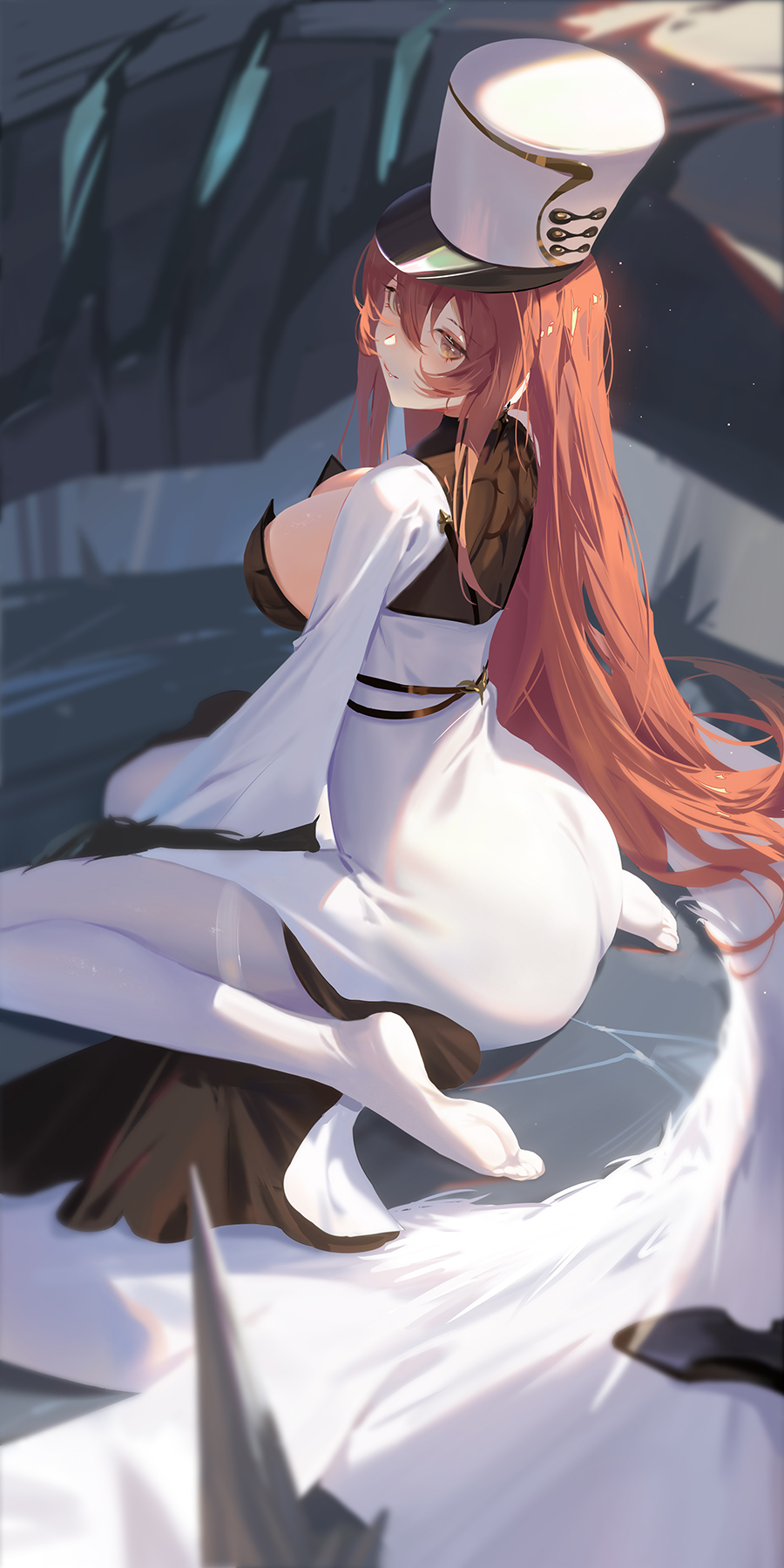 1girl, ass, azur_lane, bangs, breasts, closed_mouth, coat, coat_dress, dress, eyebrows_visible_through_hair, hand_on_floor, highres, ice, large_breasts, light_brown_eyes, lips, long_hair, long_sleeves, looking_at_viewer, no_shoes, on_floor, pantyhose, papakha, redhead, sansan_(dongfangzhong111), sideboob, simple_background, smile, soles, solo, spread_legs, thigh_strap, thighs, volga_(azur_lane), white_coat, white_dress, white_headwear, white_legwear, winter