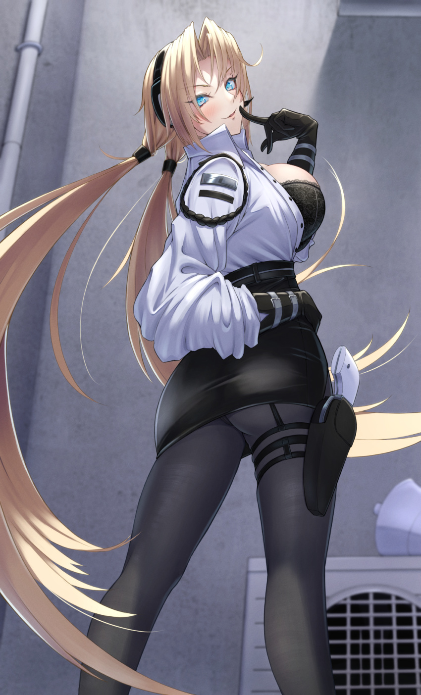 1girl, azur_lane, belt, black_bra, black_gloves, black_legwear, black_skirt, blonde_hair