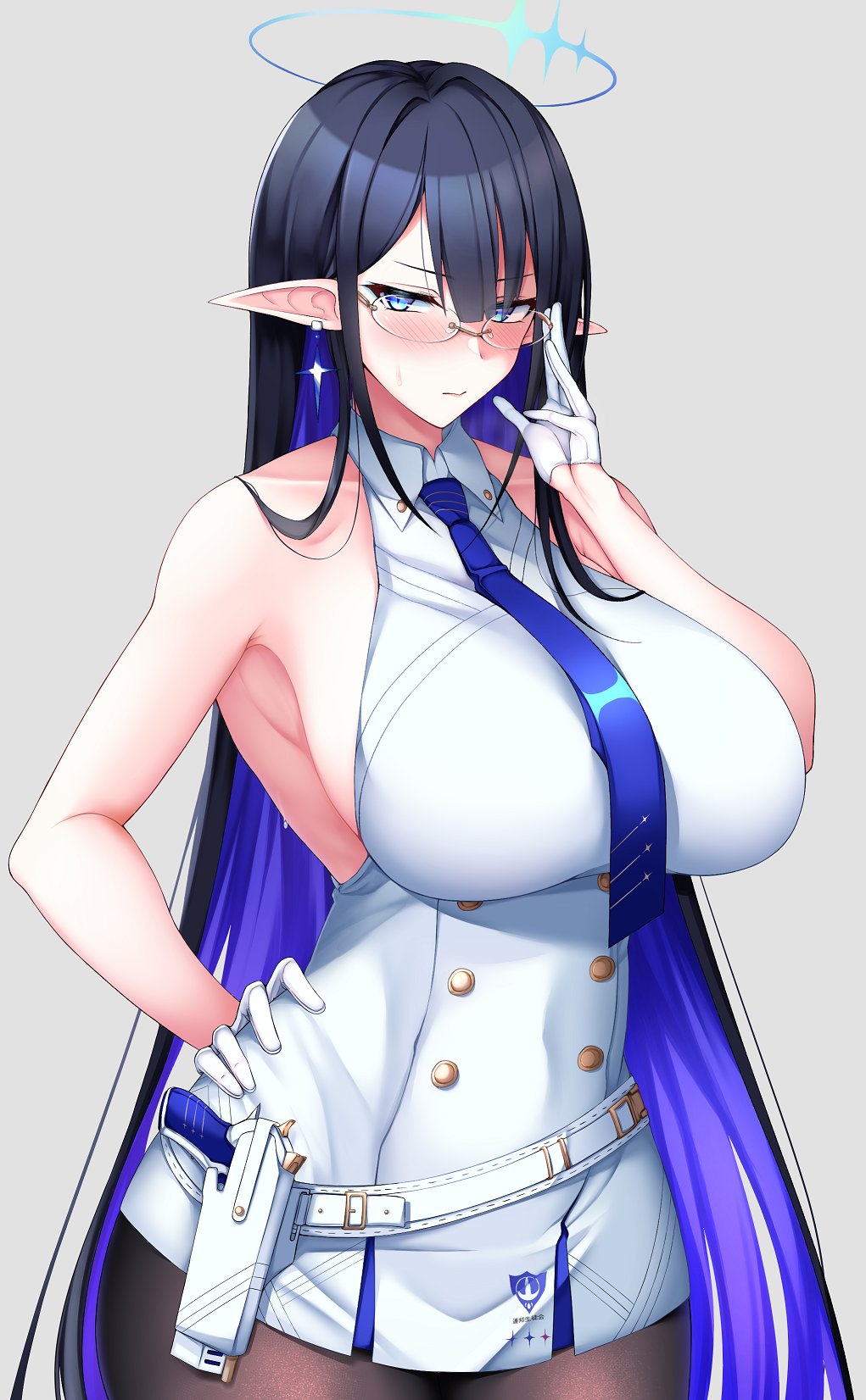 1girl, adjusting_eyewear, armpits, bangs, belt, black_hair, black_legwear, blue_archive