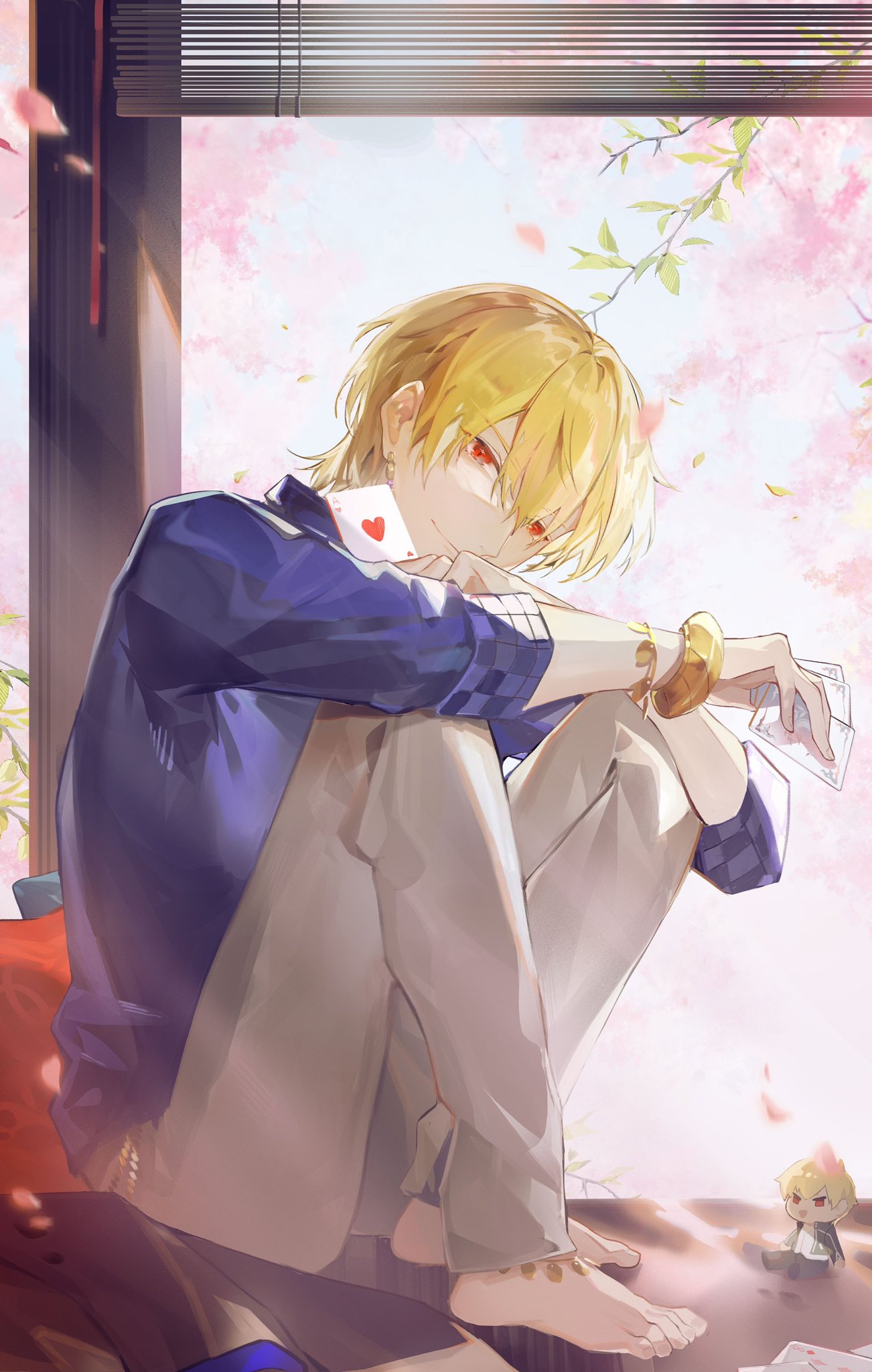1boy, bangs, barefoot, blonde_hair, blue_shirt, bracelet, card, collarbone