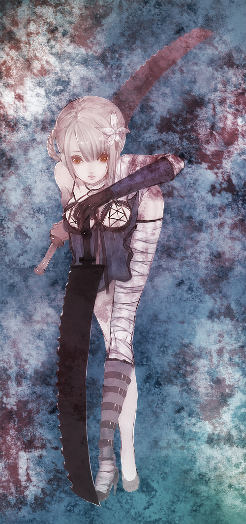 bandage, bent_over, blonde_hair, breasts, brown_eyes, cleavage, flower, gloves, green_eyes, grey_hair, hair_ornament, high_heels, kaine_(nier), legs, lingerie, long_legs, negligee, nier, niwa_torico, ribbon, shoes, short_hair, solo, sword, underwear, weapon