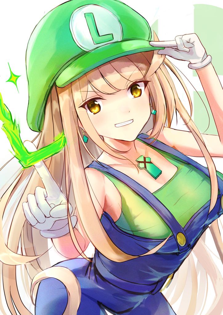1girl, alternate_costume, bangs, blonde_hair, breasts, chest_jewel, cosplay, hat