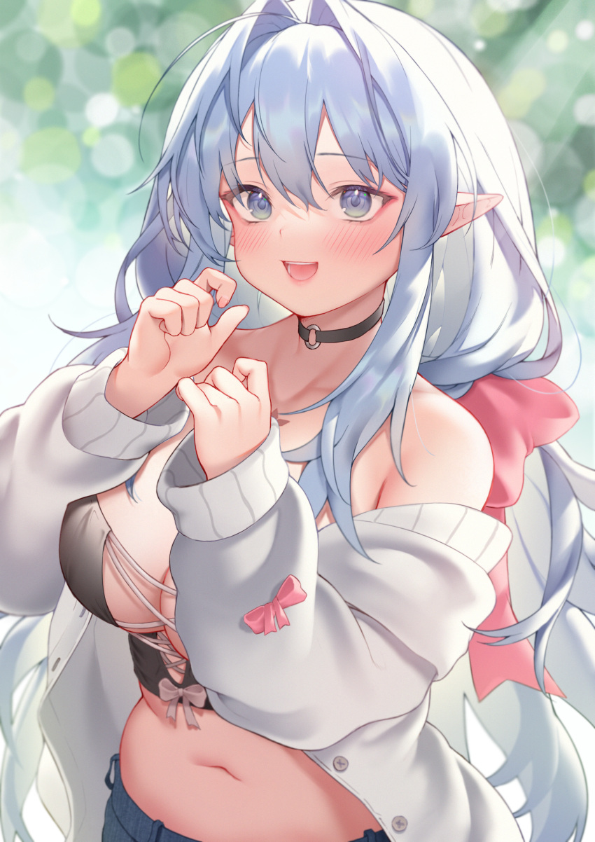 bangs, belly, blue_eyes, breasts, demon_girl, elf, highres, jewelry, large_breasts, long_hair, long_sleeves, navel, neck_ring, non-human, open_clothes, original, plump, pointy_ears, ribbon, silver_hair, smile, solo, tied_hair, zhaofeng_yinyue