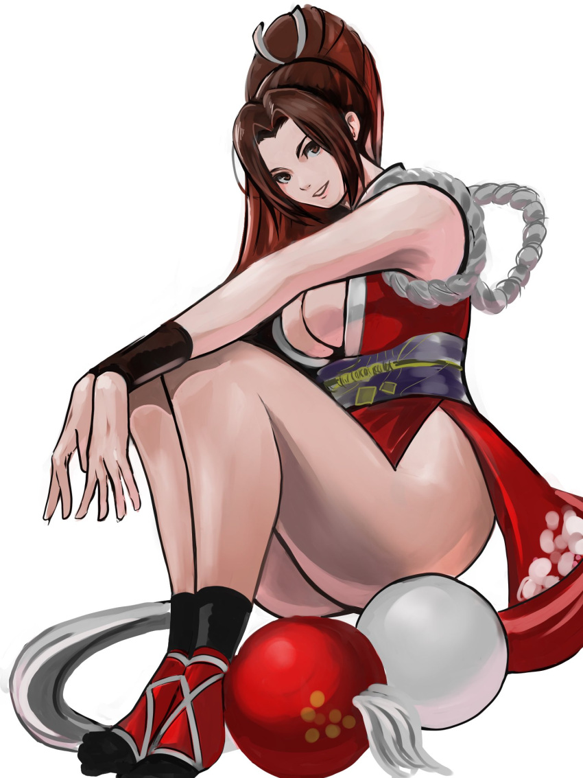 1girl, :d, bare_shoulders, breasts, brown_eyes, brown_hair, fatal_fury, hands_on_own_knees